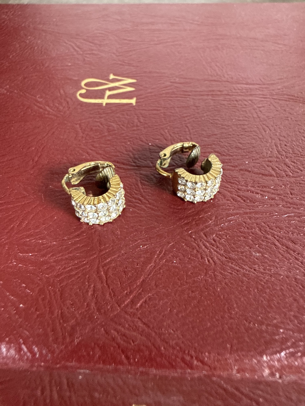 Vintage Givenchy Gold Tone Pave Crystal Ribbed Half Hoop Clip-On Earrings